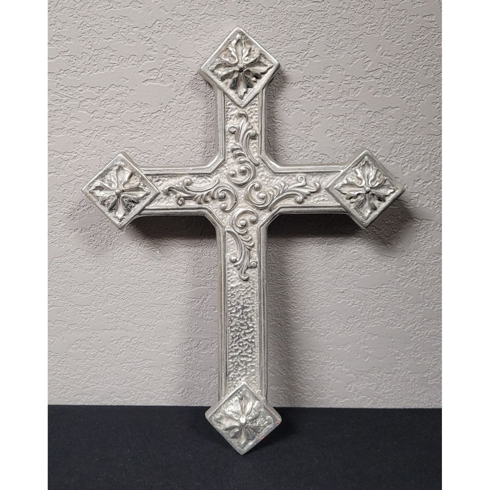 Vintage 1990s Mexican Pewter Wall Cross 13.5" Ornate Silver Metal Folk Art